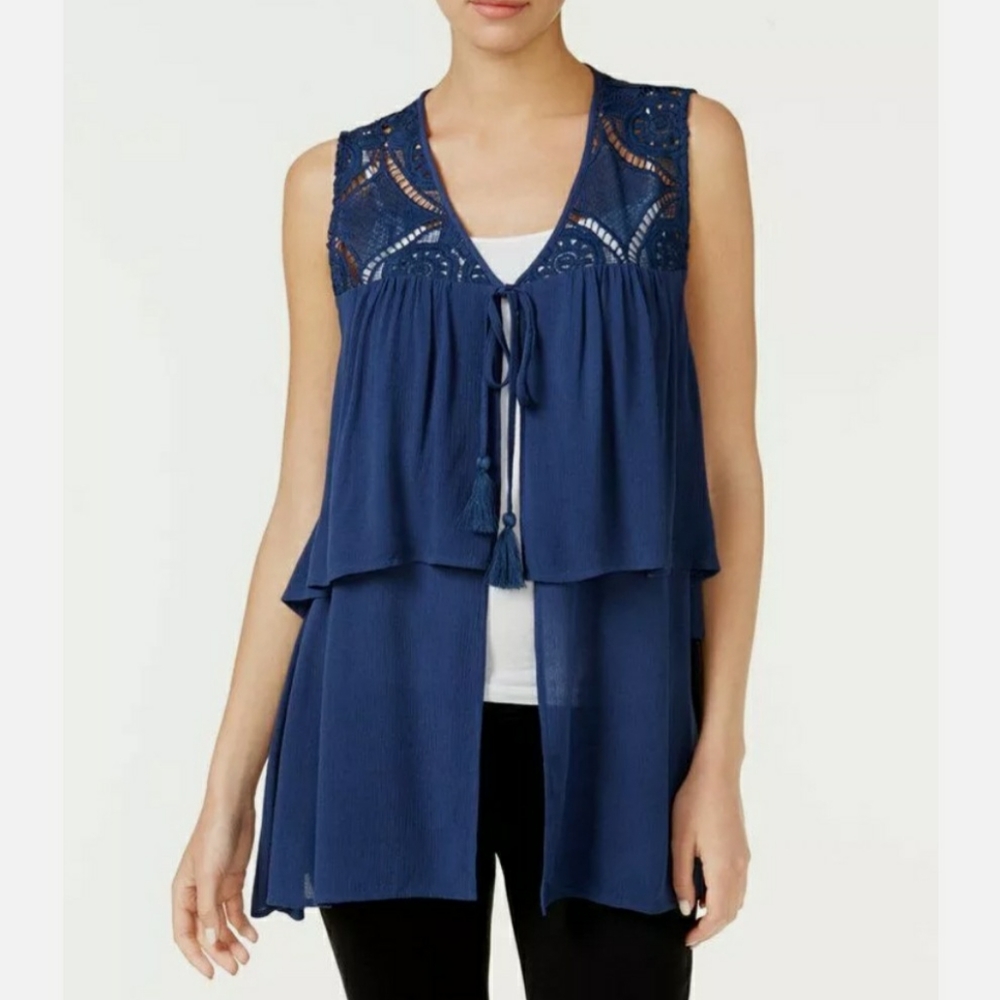 August Silk Top Vest Small Blue Crochet Open Tiered New